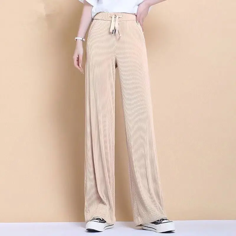 

Korean All-match Thin Lace-up Wide Leg Pants Spring Summer High Waist Pockets Loose Solid Fashion Women Casual Straight Trousers