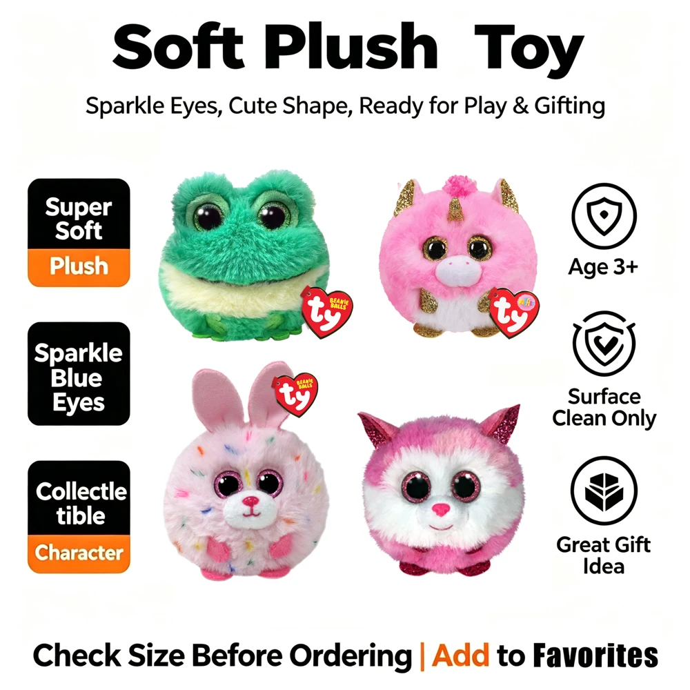 Ty Puffies Princess Pink White Round Plush Toy Glitter Big Eyes Cute Doll Desktop Decor Collection Gift