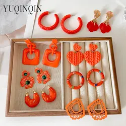 Trendy Big Cute Orange Heart Dangle Earrings Set For Women Long Flower Drop Earring Round Hoop Earrings Party Fashion Jewelry