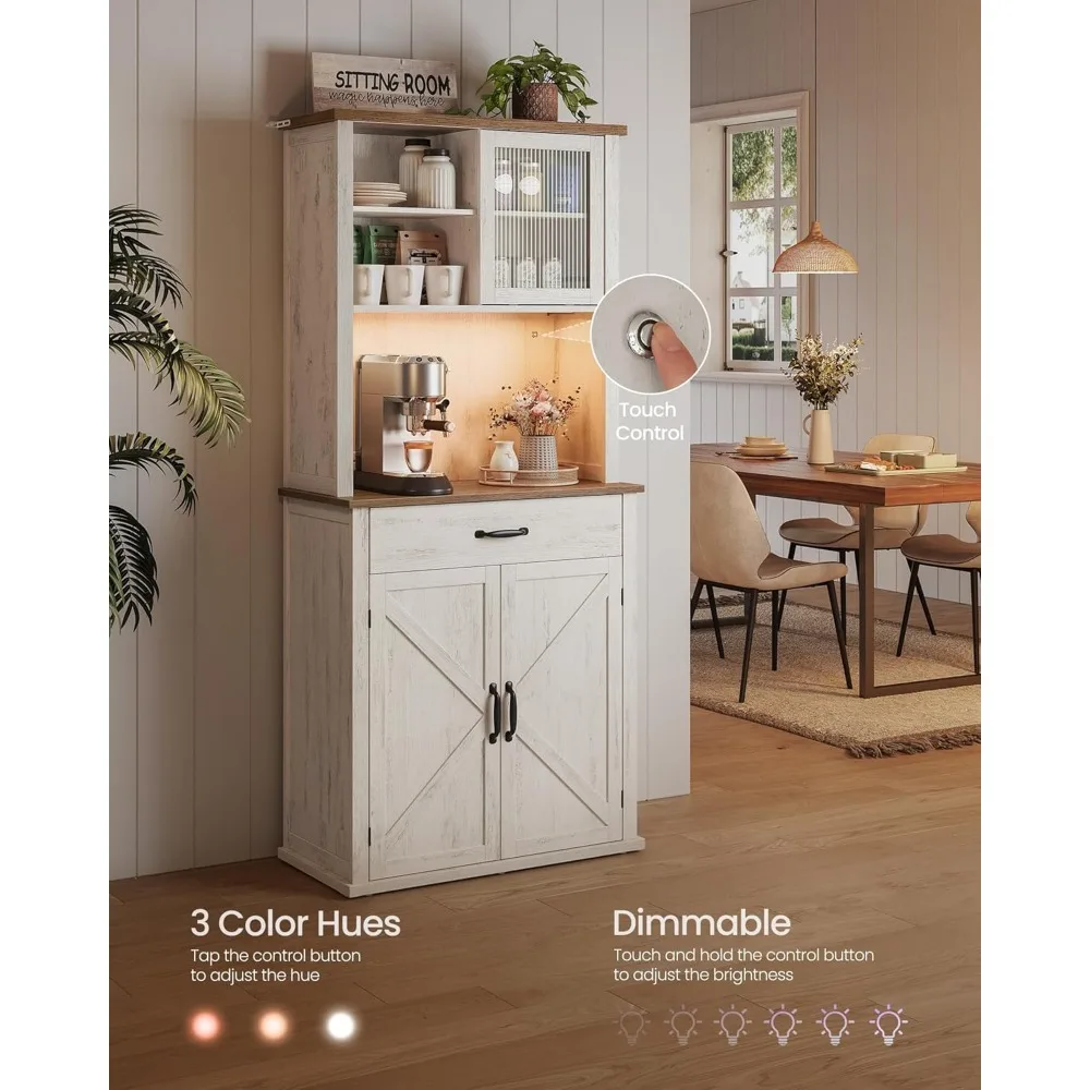 VASAGLE 71 خزانة مخزن المطبخ مع أضواء ومحطة شحن، خزانة بار القهوة مع أبواب ودرج، نمط المزرعة، أ