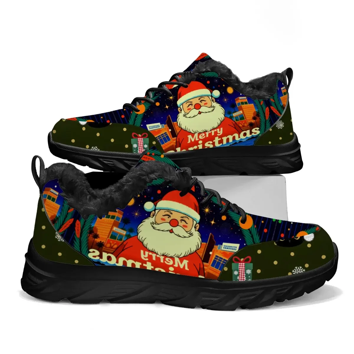 

Parent-child Shoes Large-sized Flying Woven Christmas Color-matching Niche Printed Lace-up Santa Claus Cartoon Sports Shoes