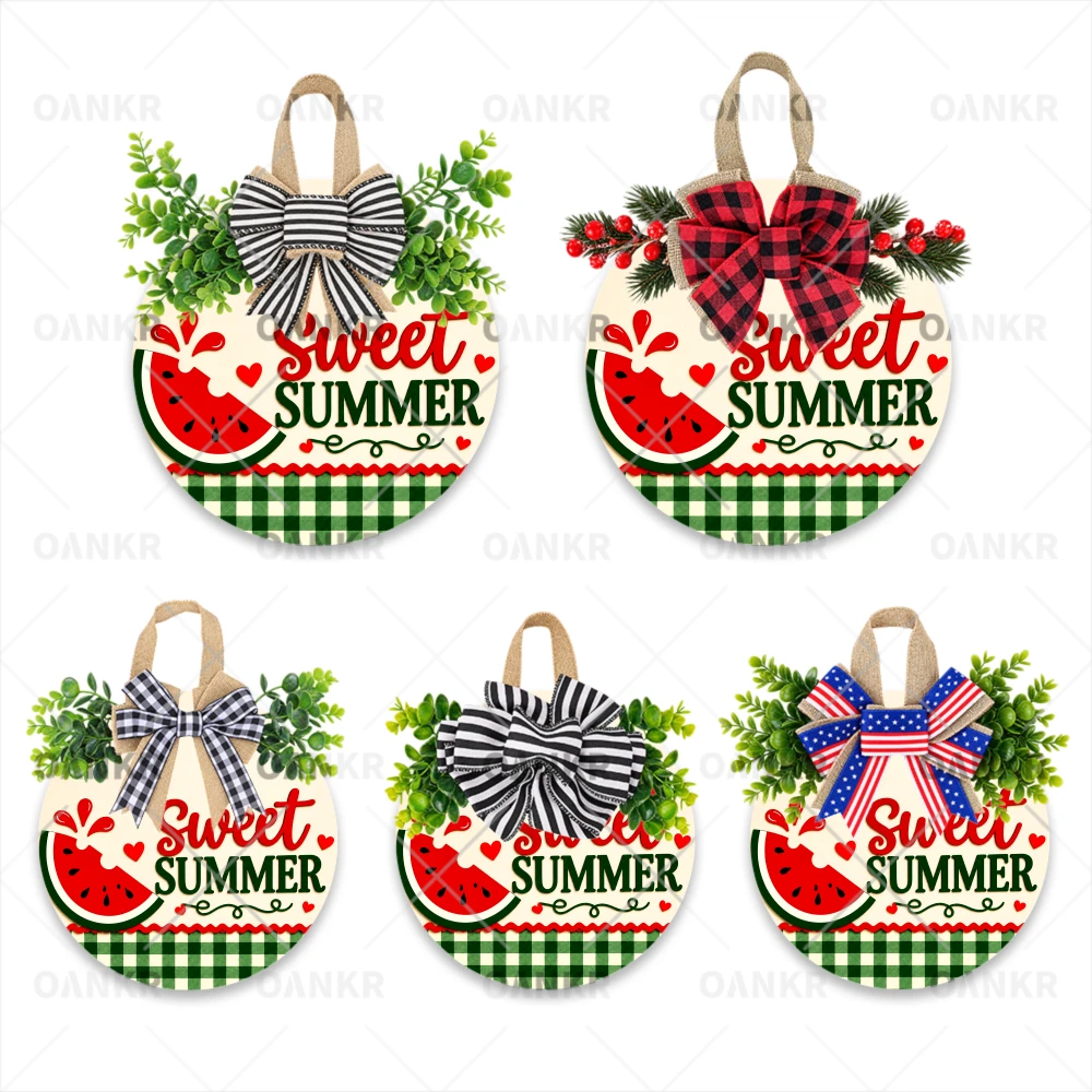 1PC Hello Summer Wooden Door Wreath, 5 Bow & Greenery Styles Available, Beach & Watermelon Round Front Door Hanger for Porch, Entryway & Farmhouse Wall Decor, Classic Signs Sweet Summer Watermelon Pattern Prints, 2D Flat, 12x12 Inches
