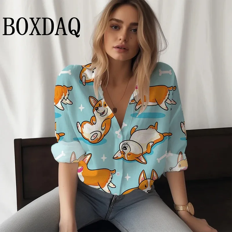 2024 New 3D Digital Cute Dogs Cats Printed Women\'s Shirts Long Sleeve Fashion Blouses Casual Daily Autumn Winter Christmas Tops