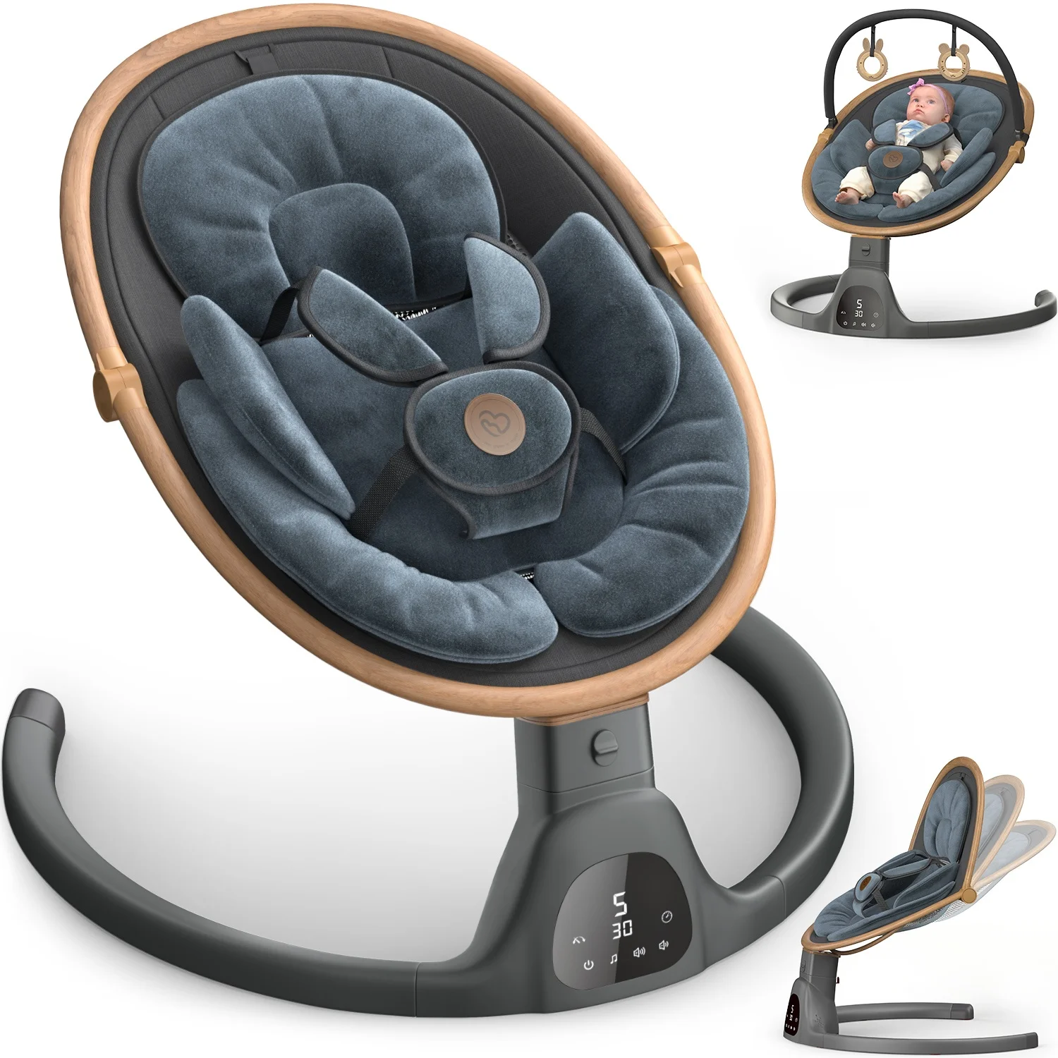 New exclusive design baby electric swing for 0-12 months baby with soft removable cushion 2 teething toys black