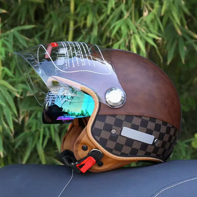 

Brown checkered motorcycle retro helmet,motorcycle safety helmet unisex, cruising electric bike, 3/4 half helmet unique style