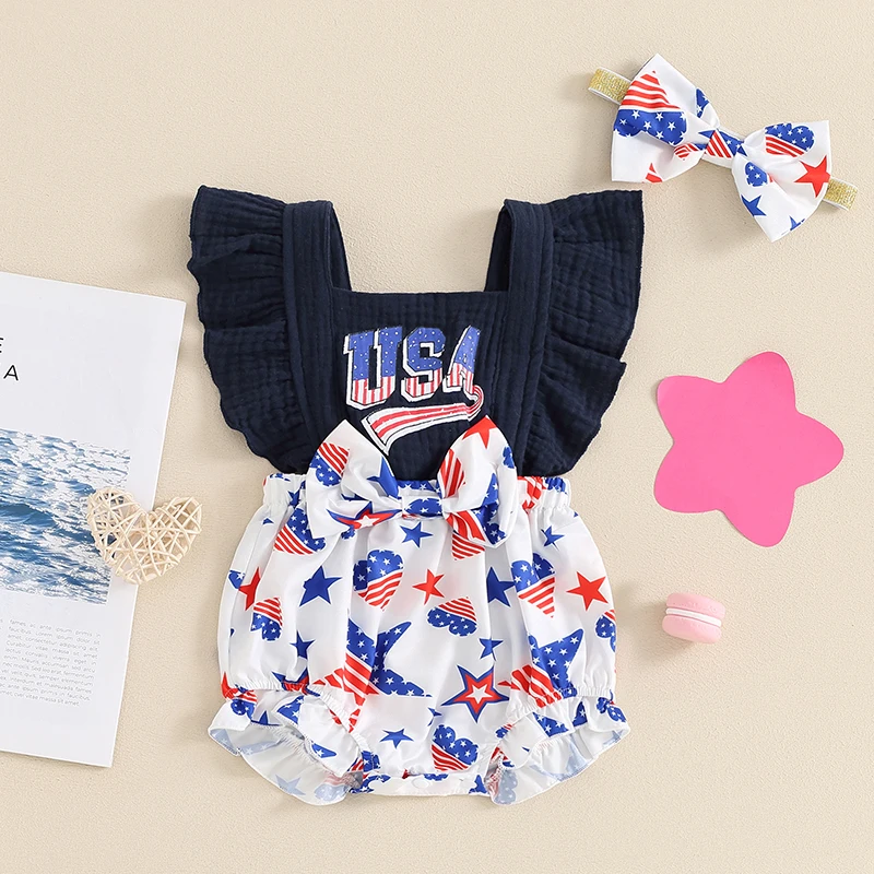 

2024-03-20 Lioraitiin 4th of July Baby Girls Rompers Heart Stripe Stars Print Bowknot Fly Sleeve Jumpsuits Summer with Headband