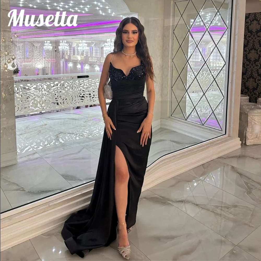 Musetta Modern Satin Pleat Prom Dress Sequined Sweetheart Strapless Evening Gowns Side Slit Train Vestidos De Noche Customized