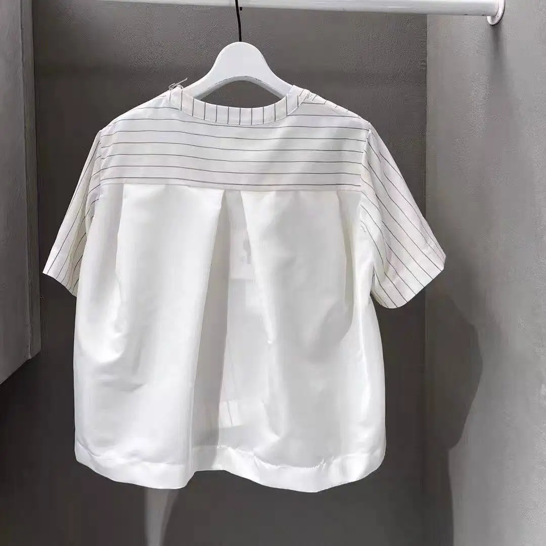 SAC 25 Japanese Striped Splicing Short Sleeve Loose Versatile Crew Neck T-Shirt