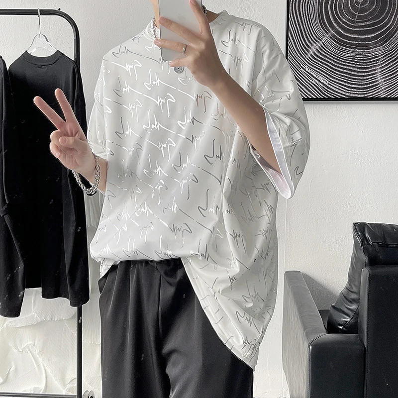  Ice Silk Men's T-irt with Gold Foil Design Oversized ort Sve round Ne Seven-Foot Sve Faionable Casual...