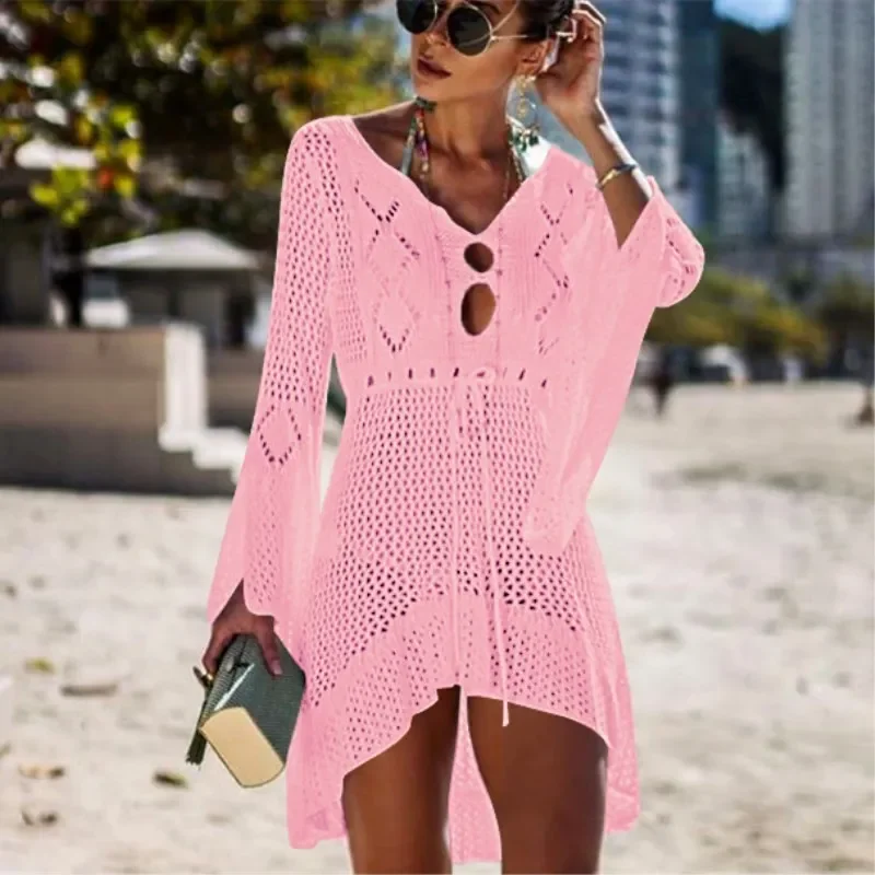 Spring Summer Hollow-out Sunscreen Shirt Flared Sleeve Beach Blouse Bikini Blouse European Beauty Sweater White