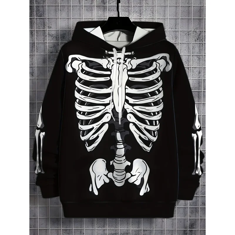 Skeleton Print Hoodie - Casual Style 100% Polyester Fiber Hooded Collar Knit Fabric Regular Fit Pattern Sweatshirt