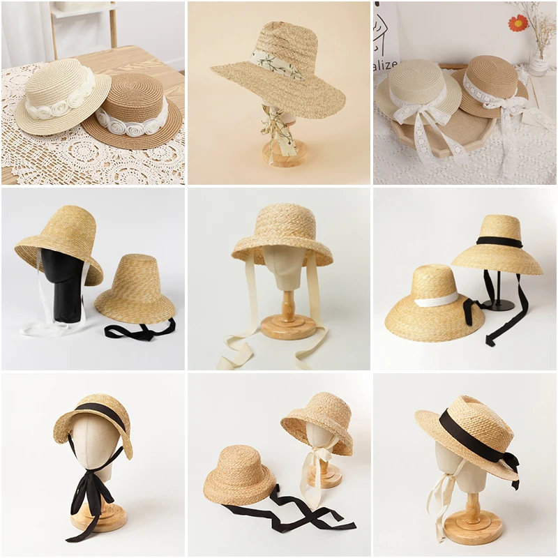 Sun Hat 53cm Head Circumference for Children Outdoor Chin Straps Adjust Straw Hat Girls Raffia Sun Cap Summer Beach Seashore