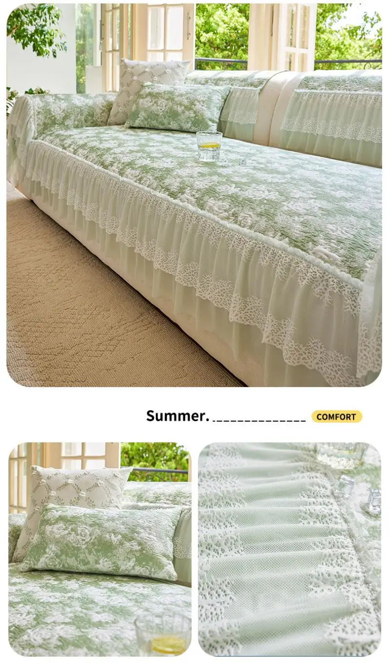 Sommerlicher, hautfreundlicher Sofabezug aus Eisseide mit Spitzenbesatz – Kühlender, atmungsaktiver Strick-Sofa-Sitzbezug – Detail 8