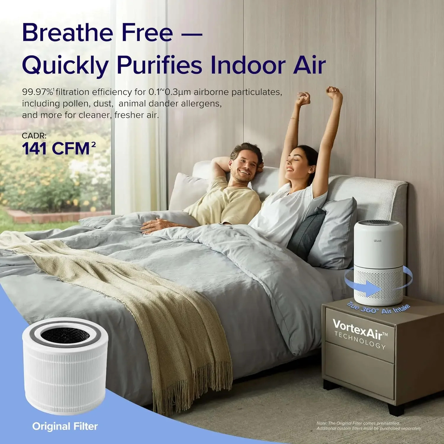 Air Purifier for Home Allergies Pets Hair in Bedroom, Covers Up to 1095 ft² by 45W High Torque Motor, 3-in-1 Filter, Sleep mode,