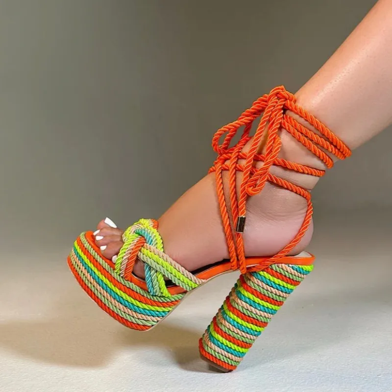 New Orange Colored Rope Woven Cross Strap Sandals European and American Fashion Multi-color Rope Weaving Women High-heeled Shoes