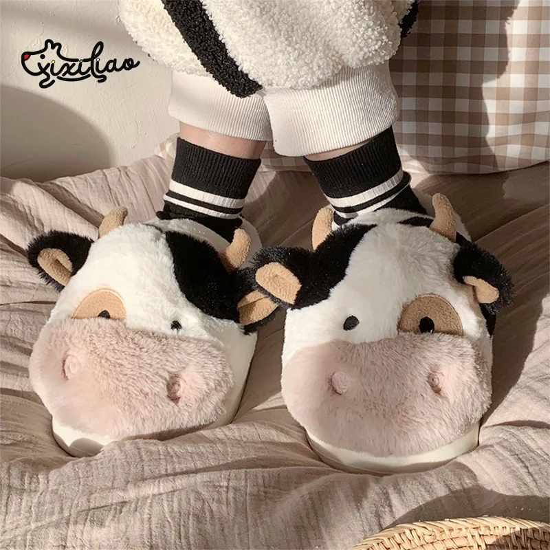 XIXITIAO Warm Cow Slippers for Women Cartoon Cute Plush Soft Thick-Soled Indoor Slippers Winter Home Couples Shoes Surprise Gift image 2