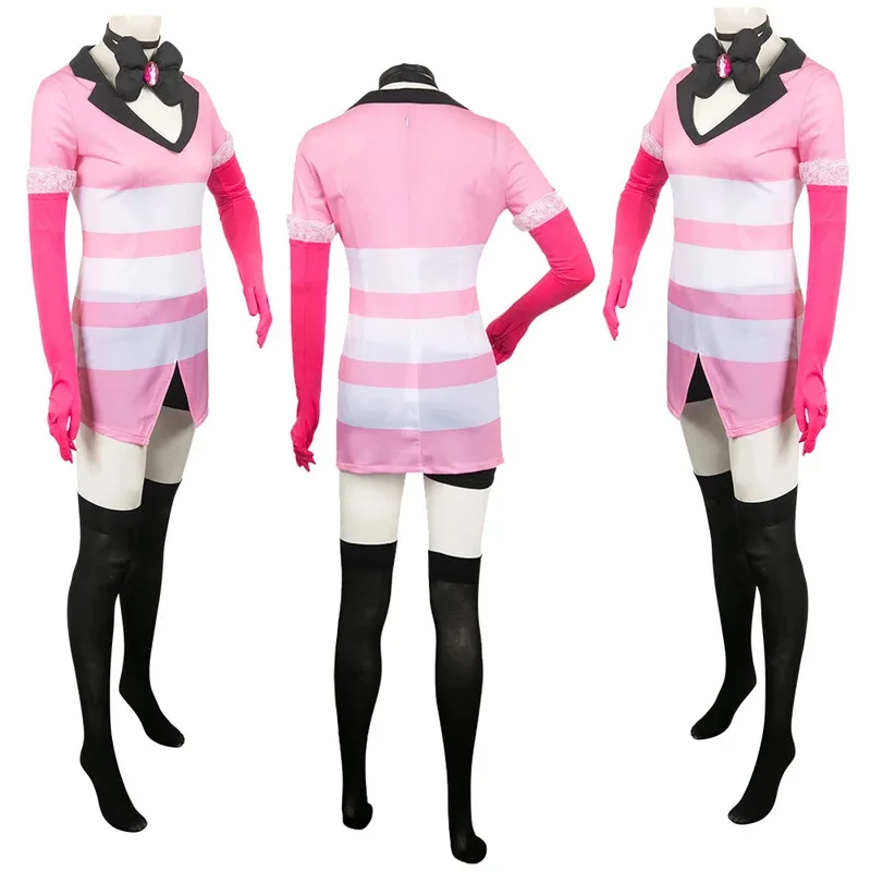 엔젤 더스트 코스프레 판타지 가발 만화 헬 인 변장 의상 장갑 나비넥타이 핑크 의상 여성 할로윈 롤플레이 의류