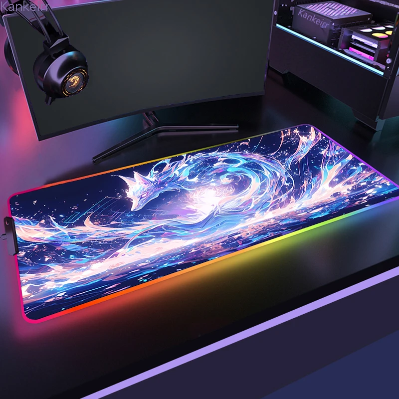 Large Anime Fox Cool Mouse Pad Rgb Gaming Backlight Mousepad Pc Accessories Gamer Keyboard Backlit Mat Desk Protector Mats Xxl