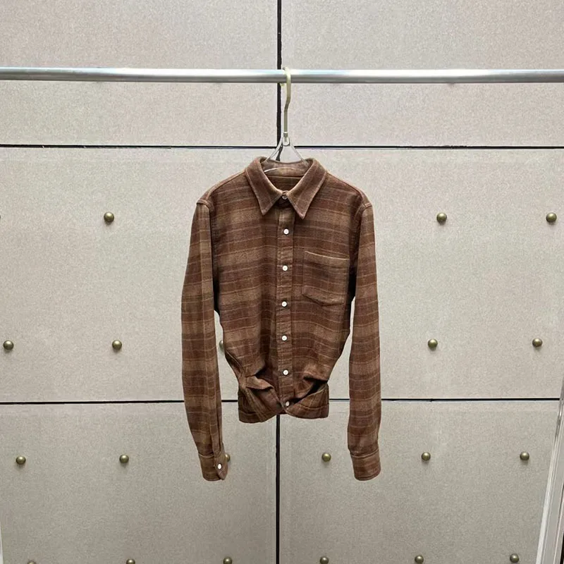 

Женская клетчатая рубашка, топ с длинными рукавами с винтажным воротником, укороченная хлопковая клетчатая рубашка с потертостями, осень, новое поступление, 2025, Y2K