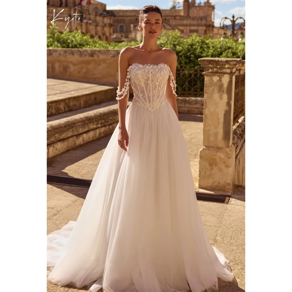 

Kyoto Customized White Tulle Strapless Neck Wedding Dress Sleeveless Back Lace-Up vestidos de noch A-Line erobe de mariée 2026