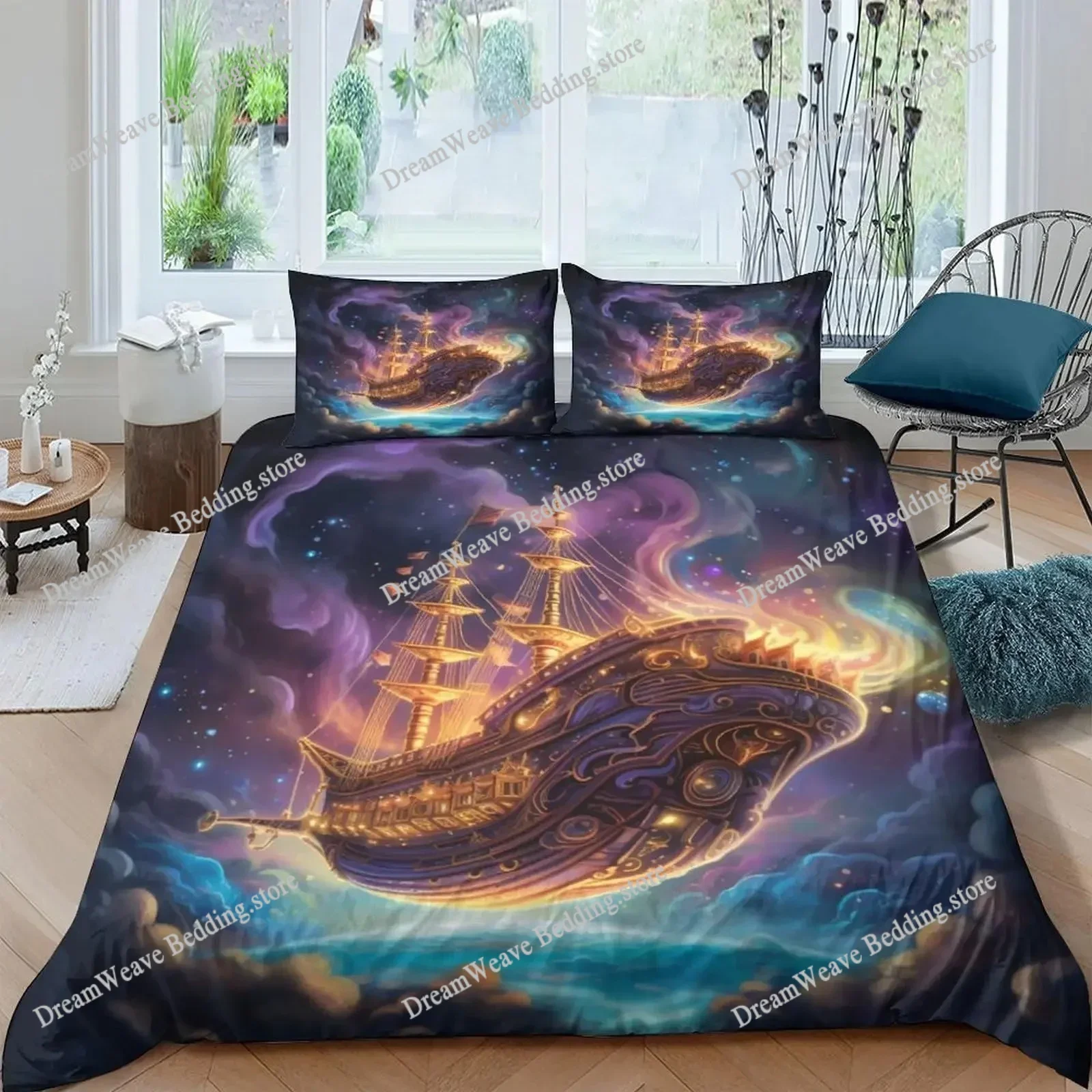 SailBoat Sea Bedding Set Ocean Sunset Scenery Duvet Cover Pillowcases Twin Full Queen King Size for Boys Adult Gift Bed Linen