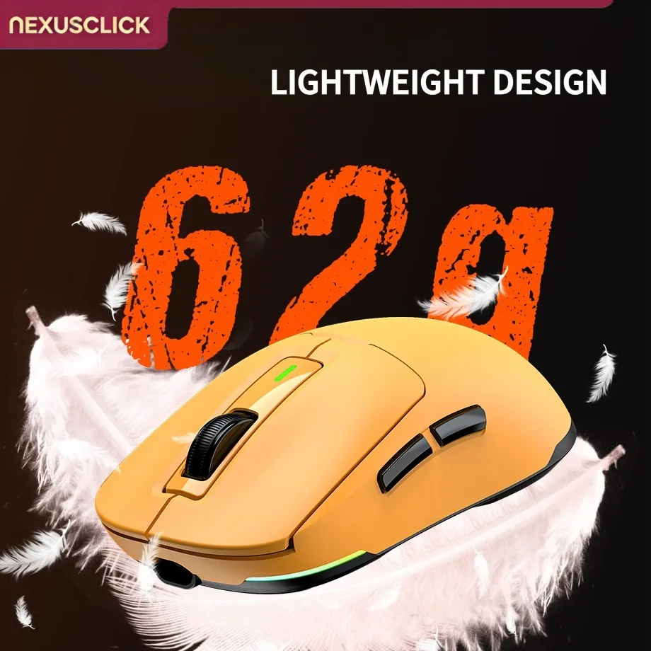 NexusClick GW24  PAW3104Tri-Mode Lightweight Gaming Mouse,8000DPI,45IPS,15G,62g,Magnetic Fast Charging,RGB backlight for Gamer