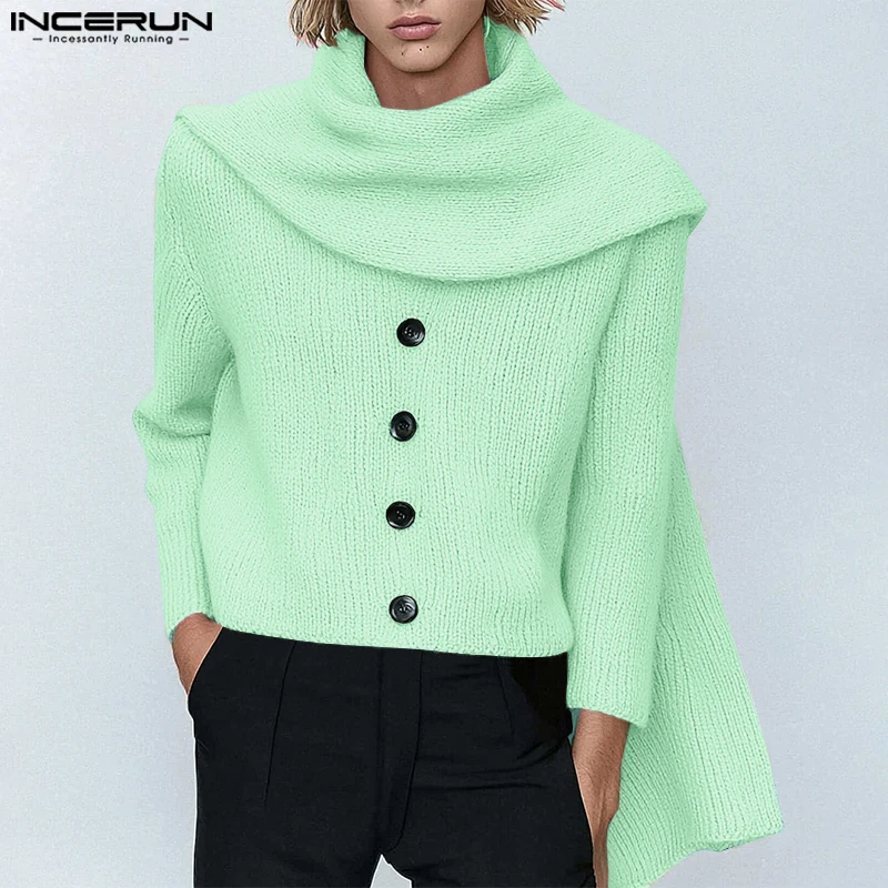 Handsome Well Fitting Tops INCERUN New Mens Button Design Pullover Party Shows Male Solid Shawl Long Sleeved Sweaters S-5XL 2024