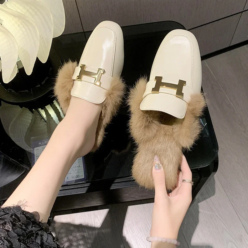 Fur Women Slippers Metal Decoration Fringe Appliques Slides Winter 100% Real Rabbit Hair Shoes Woman Indoor Big