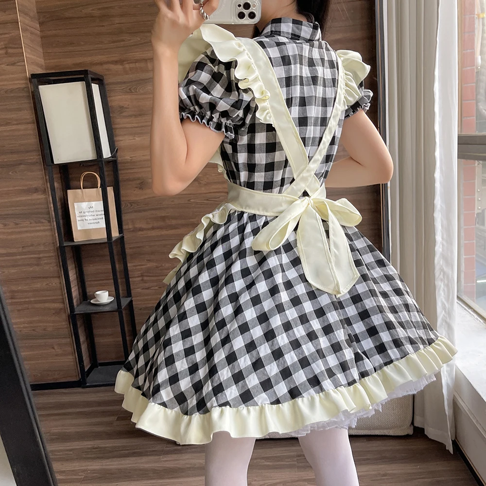 Halloween Cosplay Kostuum Plus Size Lolita Meid Uniform Schattige Schort Jurk Animatie Show Rode Geruite Meid Outfits Kawaii Kleding