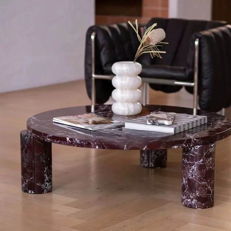 

Italian minimalist purple red natural marble round coffee table light luxury modern high sense, coffee table tea table