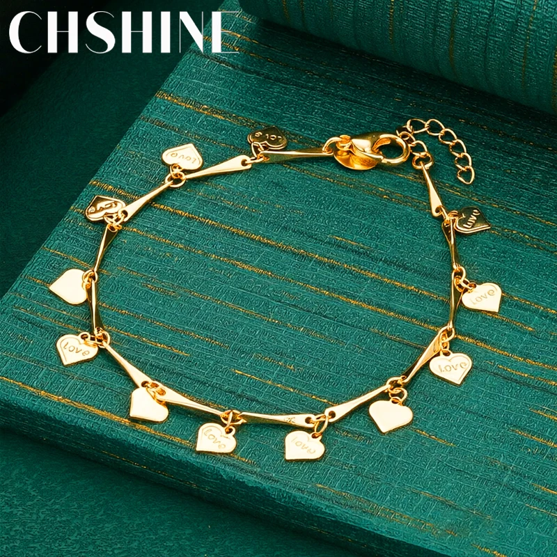925 Sterling Silver 18K Gold  Multi Love Engraved Heart Charm Bracelet for Women Romantic Valentine Jewelry Gift
