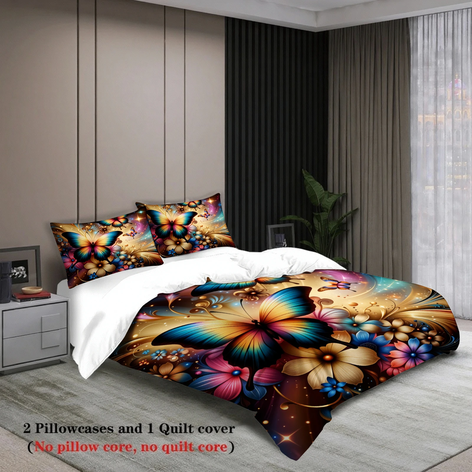 3pcs Butterfly Floral Bedding Sets 3D Printed Colorful Butterflies And Flowers Duvet Cover Sets With Pillowcases No Filling