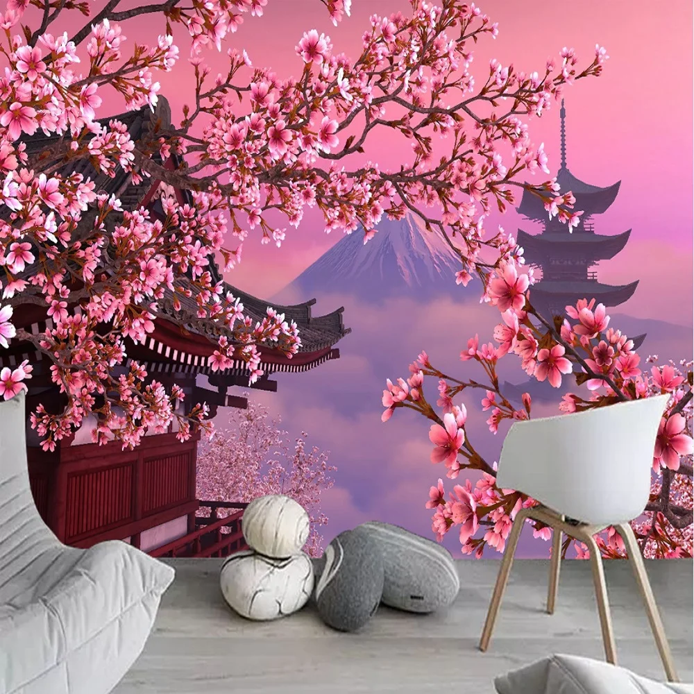 

Japanese Tapestry Cherry Sakura Blossom Temple Mount Fuji Pink Landscape Tapestries Wall Hanging Bedroom Living Room Dorm Decor