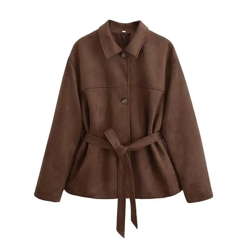 

Faionable Suede Long Sve Jaet irt Sle Women's Outerwear Winter 2024 Cross-Border Mid-Length Pure Color PU Coat