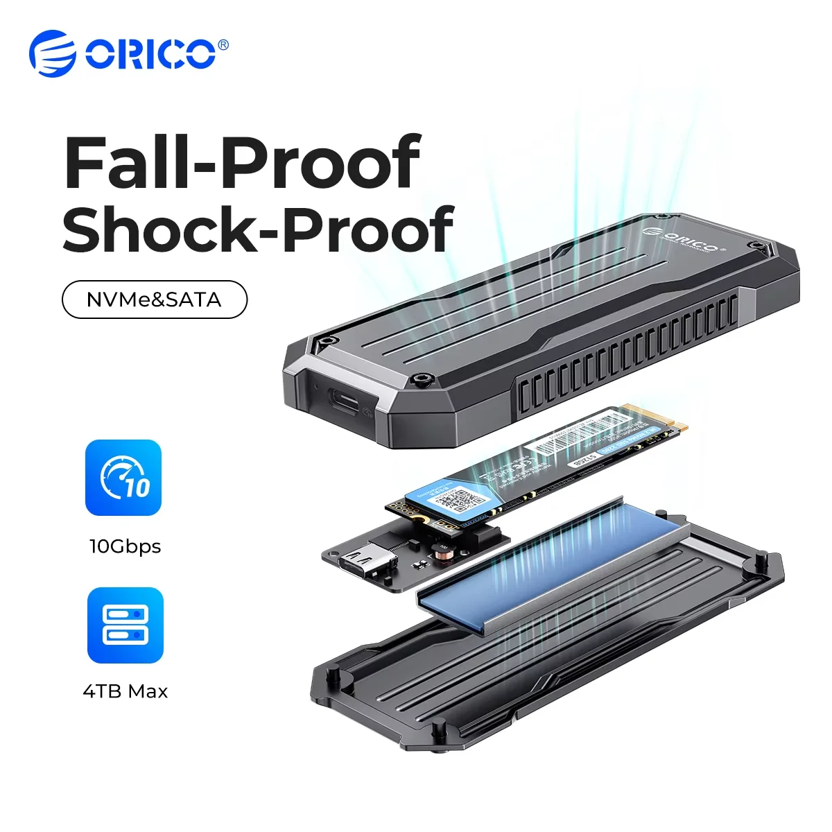 

ORICO Portable M.2 NVMe SATA SSD Case Zinc Alloy Waterproof Shockproof Enclosure 10Gbps with Lanyard Heatsink for Outdoor Travel