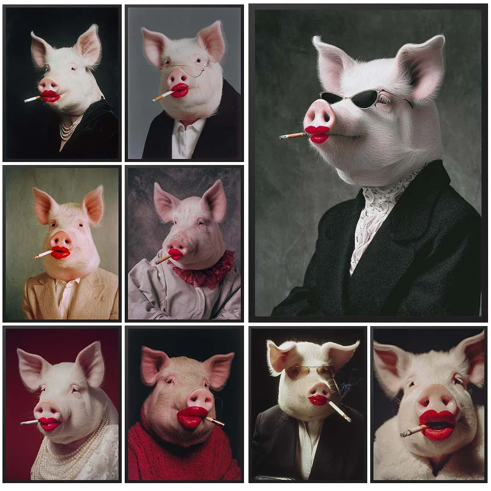 

Funny Pig Portrait Gentleman Animals Poster Wall Pictures For Church Decor Posters Wall Art Canvas Painting Unframed