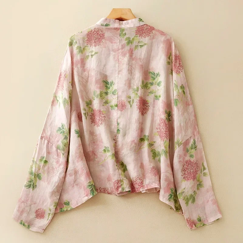 Cotton Linen Vintage Women\'s Shirt Summer Printed Clothing Sales Loose Long Sleeve Korean Tops Turn-down Collar Women Blouses