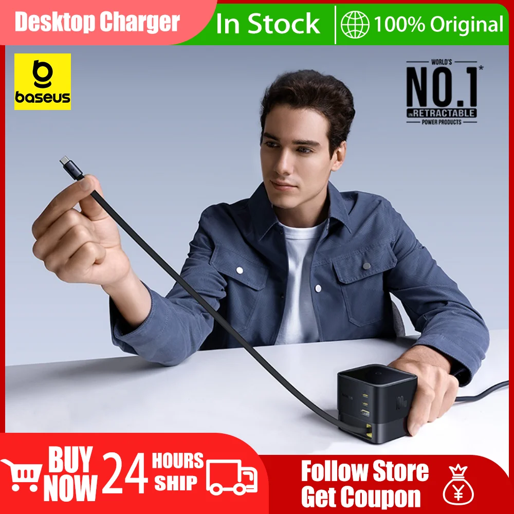 

Baseus 100W Desktop Fast Charger for Macbook Tablet Laptop With Retractable USB C Phone Charger for iPhone Samsung Huawei Xiaomi