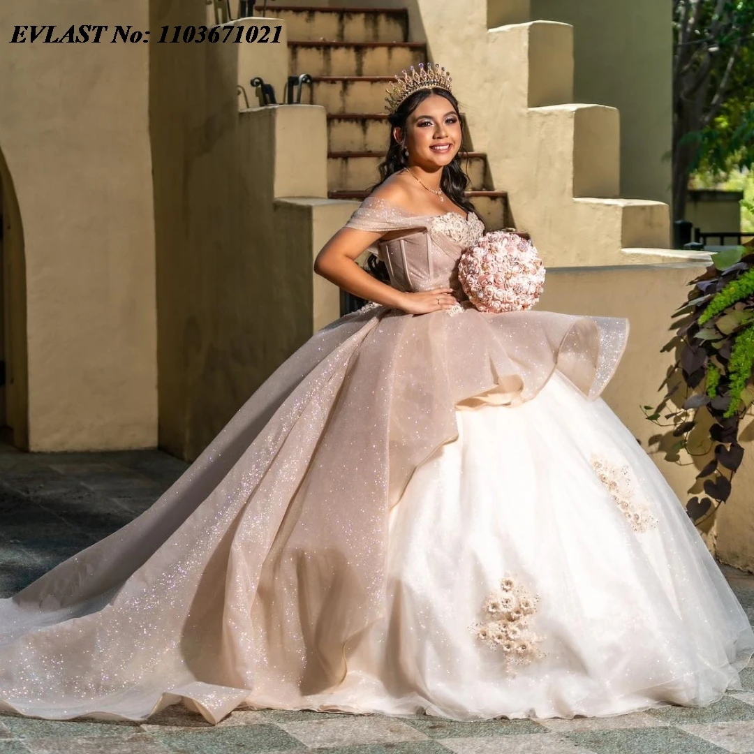 EVLAST-vestido mexicano rosa quinceanera blush, vestido de baile, apliques brilhantes do laço, perolização espartilho camadas, doce 16, SQ361