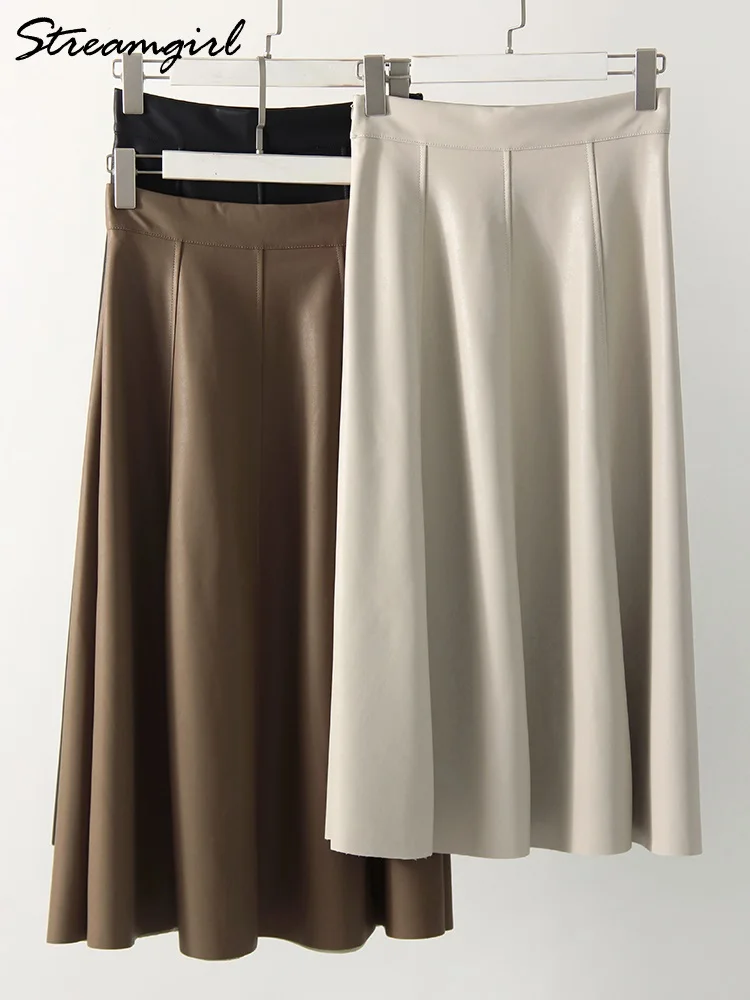 Streamgirl Beige Leather Midi Skirt Women Elegant High Waist A Line PU Skirts Female High Quality Black Skirts For Women 2024