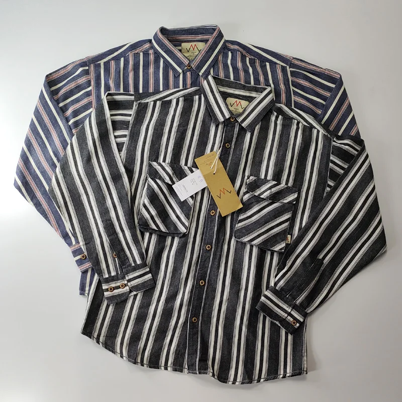 

Мужская повседневная хлопковая рубашка в американском стиле для работы, весна-осень, с длинным рукавом, в полоску, с воротником-стойкой, свободного кроя, дышащая