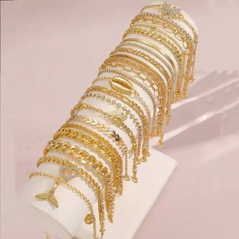 13pcs/Set Bohemian Heart Butterfly Rhinestone Anklet for Women Faux Turquoise Multi-Element Anklets Summer Beach Party Jewelry