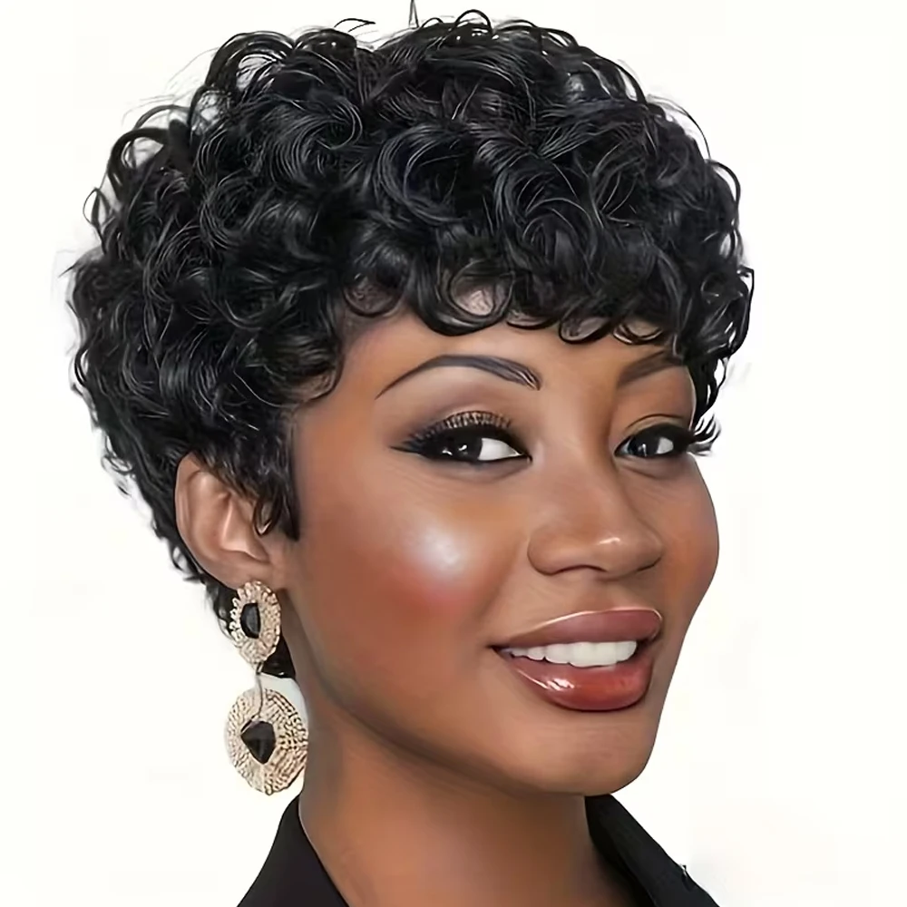 

Парик в стиле пикси, кудрявый, короткий, из натуральных волос, машинной работы, для женщин, черный, для вечеринок и праздников, подарок