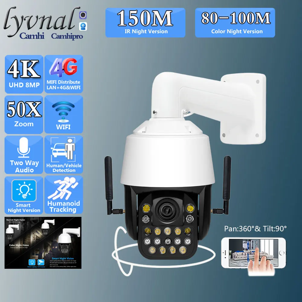 

SIM-карта 3G 4G SO-NY415 4K 8MP Беспроводная связь Wi-Fi PTZ купольная 50-кратный зум Лазерное отслеживание человека ИК 150 м и цвет ночного видения Двустороннее аудио