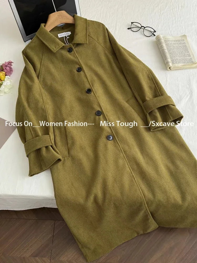 Vintage Corduroy Trench Coats Women Casual Y2k Clothing Korean Fashion 2000s American Retro Jacket Overcoats Outwear Autumn