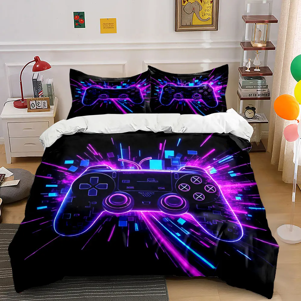 Neon-glowing vibrant game controller Print Bedding set 3PC 1 duvet cover 2 pillowcases adult and children bedding set Luxury