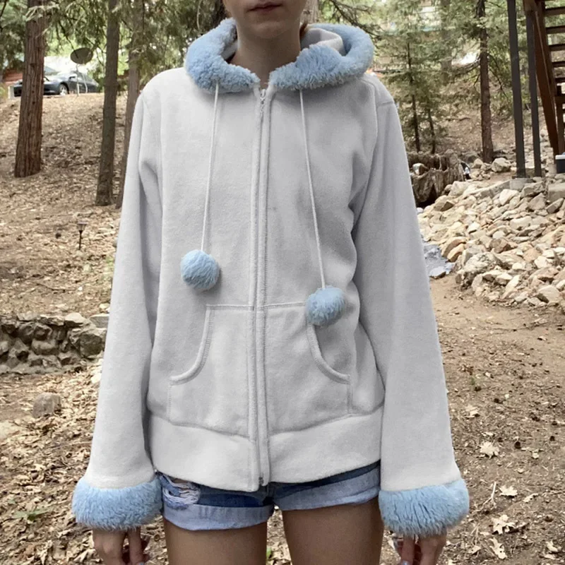 2022 Autumn and Winter New Furry Hooded Sweater Plus Velvet Warm Loose Zipper Sweatshirt Casual Color Matching Cardigan Jacket
