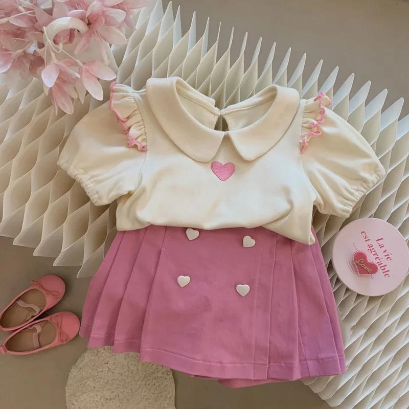 

2 Piece Set Girls' Summer New Style Bubble Sleeves Bottom Shirt Short Skirt Fashion and Cute Kids Suit