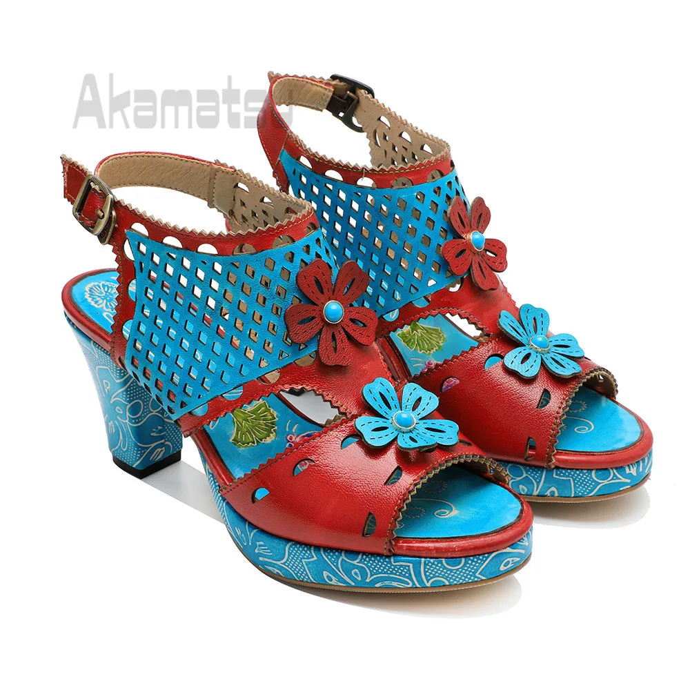 

Retro Hollowed Out Design Flower High Heel Sandals Genuine Leather Blue Brown Ethnic Style Summer Party Shoes Size 36-42