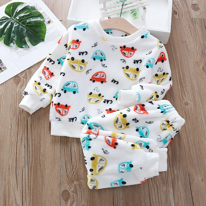 Autumn and winter warm boys\' pajamas cartoon bear 0-6 year old flannel thickened long sleeved girls\' home clothing set